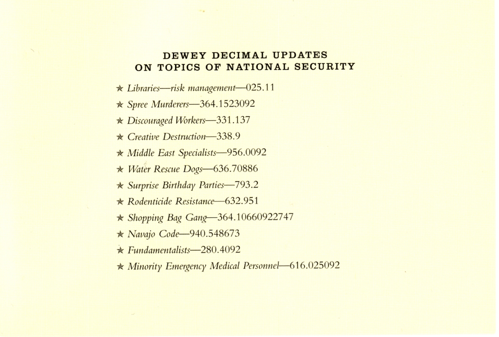 Dewey Decimal Updates on Topics of National Security
